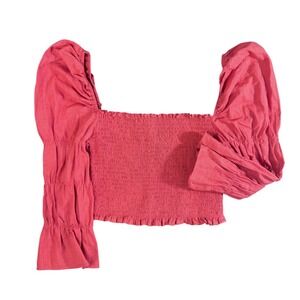 E.ssue Smocked Crop Top Red Orange Puff Sleeve Square Neck Cotton Womens Medium